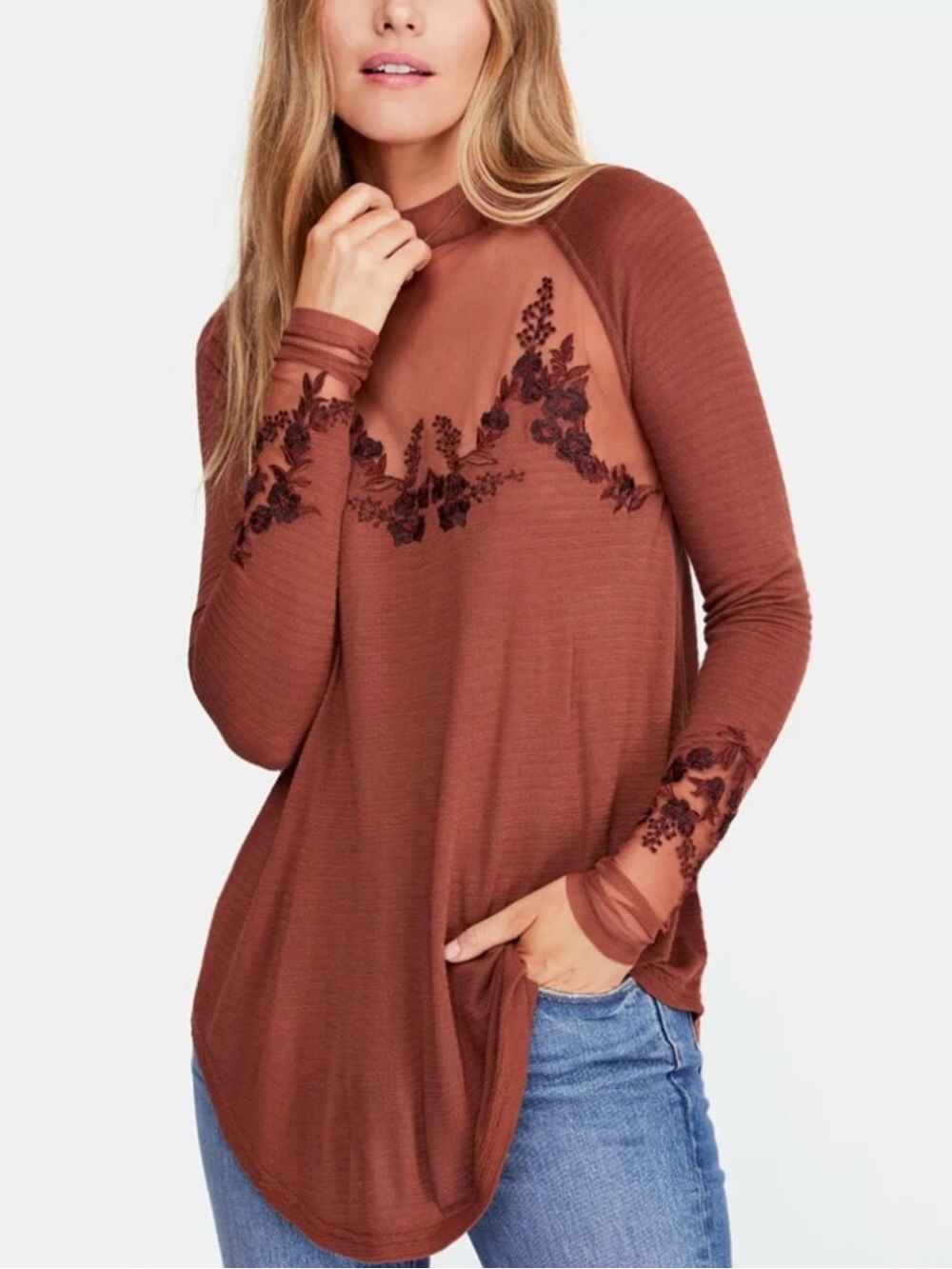 Free People Saheli Embroidered Mesh Tunic Top in Rust Brown